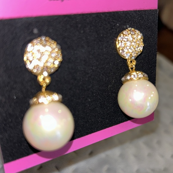 Pave Crystal Top and Iridescent Round Pearl Drop Earrings-boutique - Picture 9 of 11